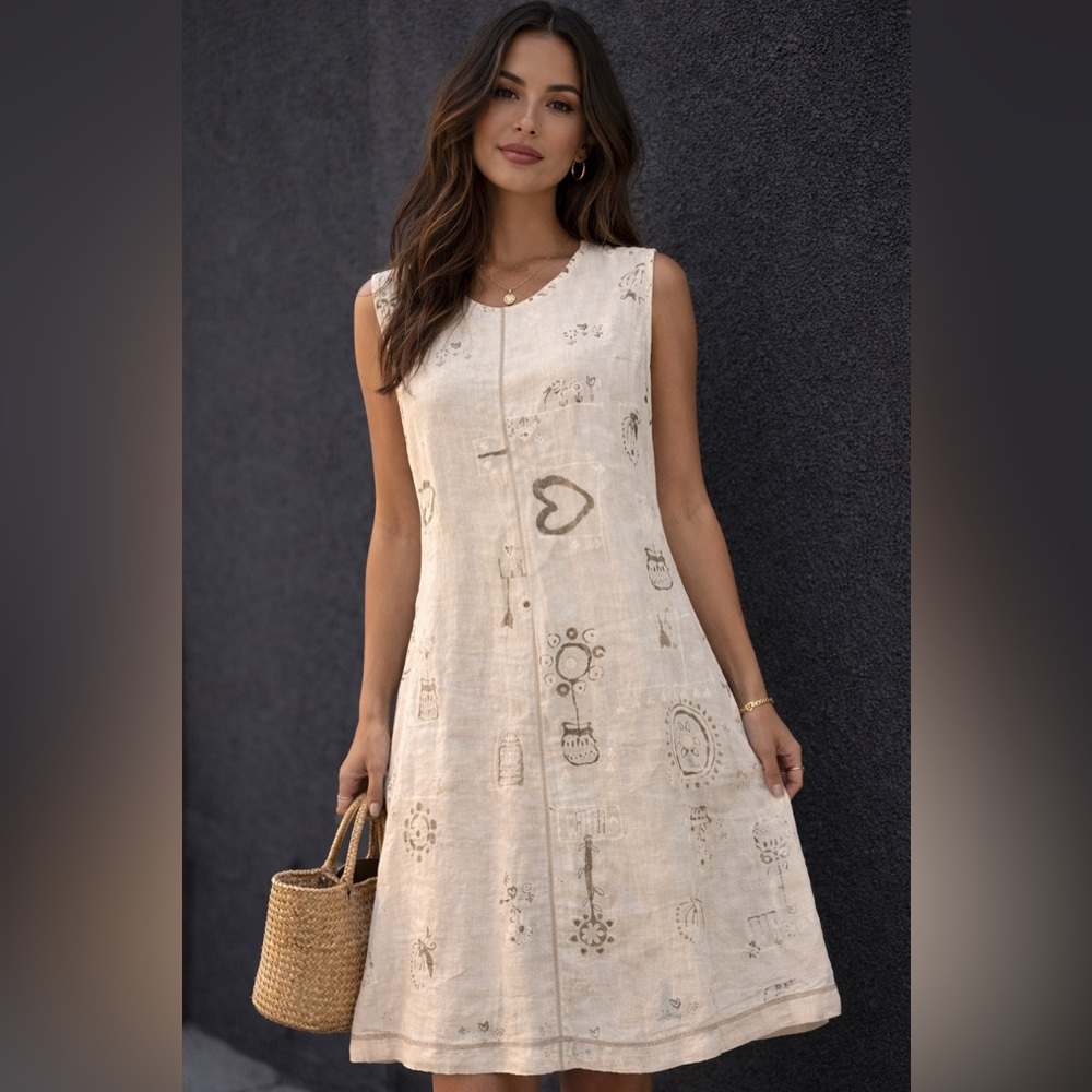 Garron Linen Heart Dress Sleeveless in Cream & Tan MEDIUM